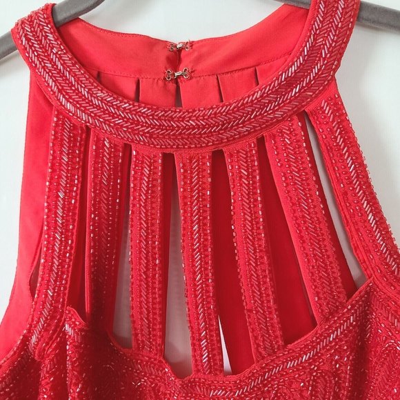 ASOS Sequined Halter Skater Dress Sz 10 Red Sleeveless Chiffon Fit Flare EUC - Picture 5 of 10